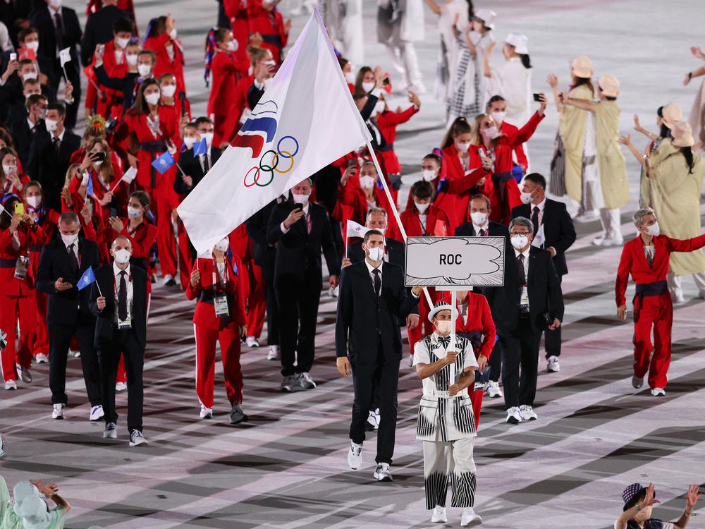 Flag bearers Sofya Velikaya and Maxim Mikhaylov of Team ROC (Russian Olympic Committee) participate in the Opening Ceremony of the 2020 Olympic Games at Olympic Stadium in Tokyo, on July 23, 2021.