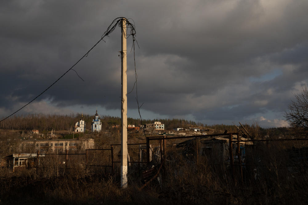 A damaged utility pole stands in a town north of Sloviansk, Ukraine. Russia's systematic targeting of Ukraine's energy infrastructure started in October 2022, as Ukraine's armed forces were taking back territory in the country's northeast and south.