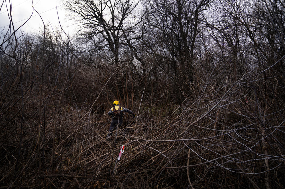 Workers in the area north of Lyman have to be careful to stay in the areas marked by red and white tape, where sappers have already swept for landmines.