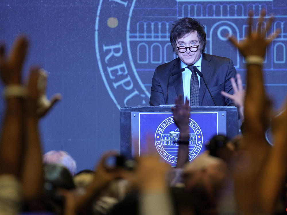 President-elect Javier Milei takes questions from the press after his victory in the presidential runoff election, in Buenos Aires, Argentina, Nov. 19, 2023.