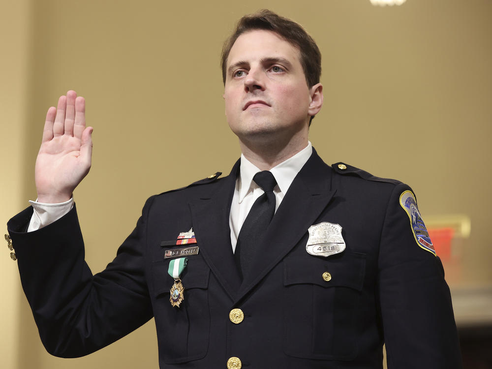 Metropolitan Police Department officer Daniel Hodges is sworn in before the House select committee hearing on the Jan. 6, 2021, attack on the U.S. Capitol.