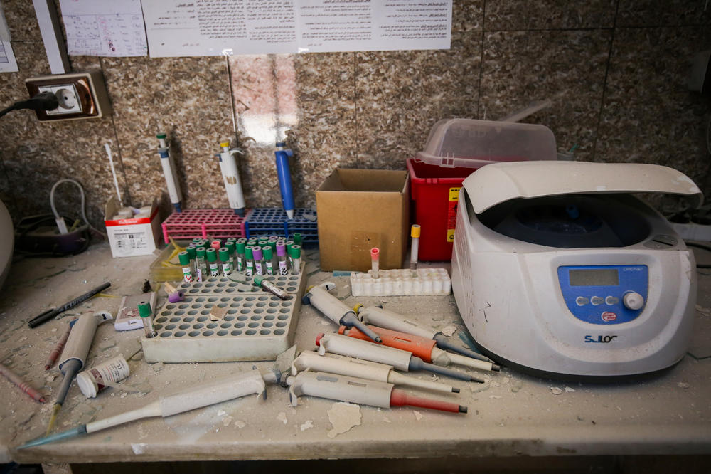 A damaged medical analysis laboratory inside Al-Shifa Hospital in Syria's northern town of Afrin a day after a rocket attack launched by the Syrian government.