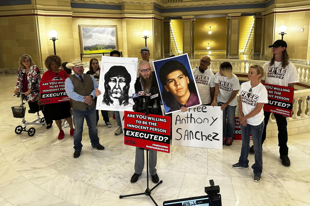 The Rev. Jeff Hood and supporters of Oklahoma death row inmate Anthony Sanchez proclaim his innocence during a news conference at the Oklahoma Capitol in Oklahoma City on May 25.