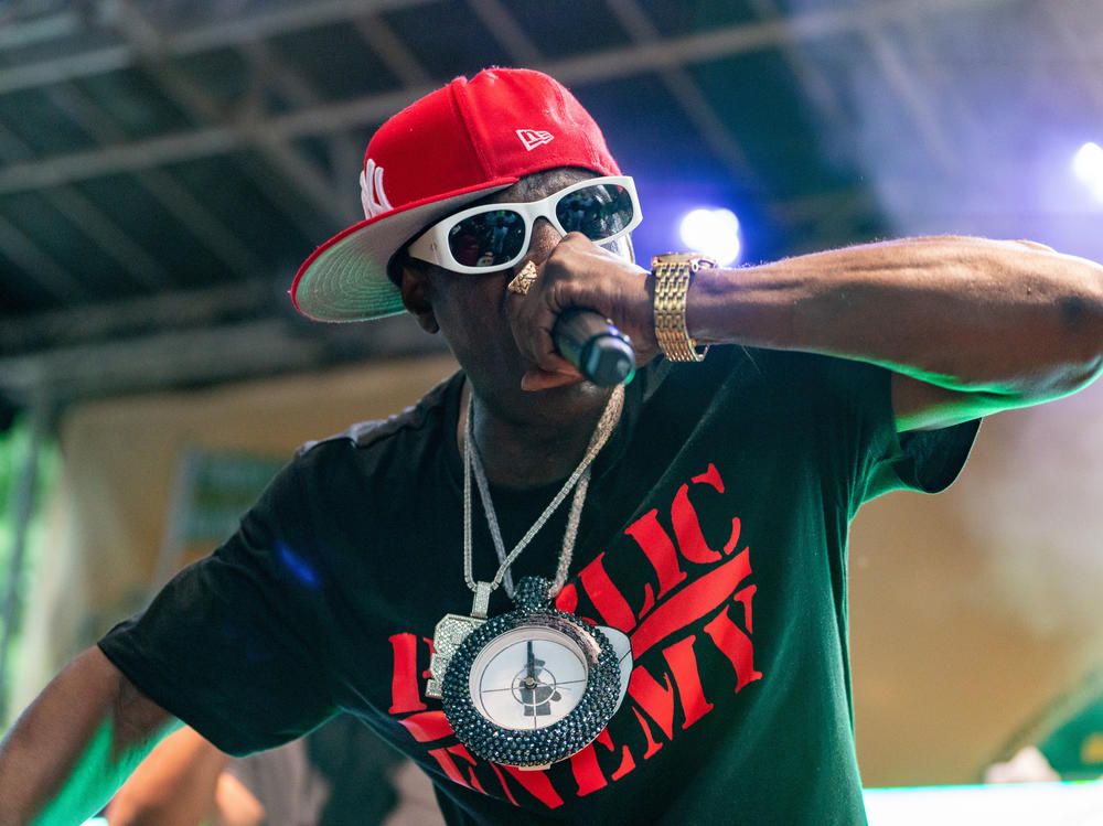 Flavor Flav of the rap group Public Enemy performs during a celebration for the 50th anniversary of hip-hop on August 12, 2023, in New York City. The genre has become a worldwide phenomenon after beginning in New York in 1973.