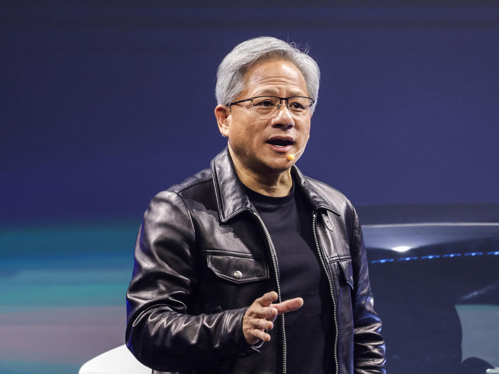 Jensen Huang, co-founder and CEO of NVIDIA, a chip maker, speaks during the Hon Hai Tech Day in Taipei, Taiwan, on Oct. 18, 2023. NVIDIA shares have surged this year as investors have been eager to bet on artificial intelligence.