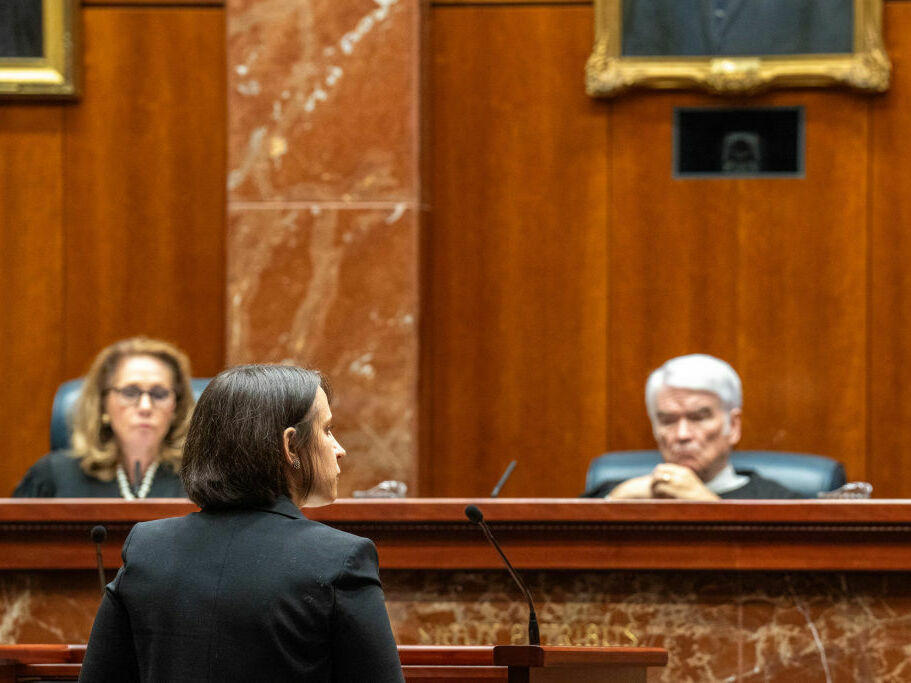 Center for Reproductive Rights attorney Molly Duane speaks before the Texas Supreme Court in Austin on Nov. 28. The court ruled in a different abortion case on Monday.