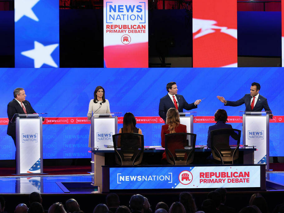 Republican presidential candidates (from left) former New Jersey Gov. Chris Christie, former U.N. Ambassador Nikki Haley, Florida Gov. Ron DeSantis and Vivek Ramaswamy participate in the NewsNation Republican Presidential Primary Debate at the University of Alabama on Dec. 6 in Tuscaloosa.
