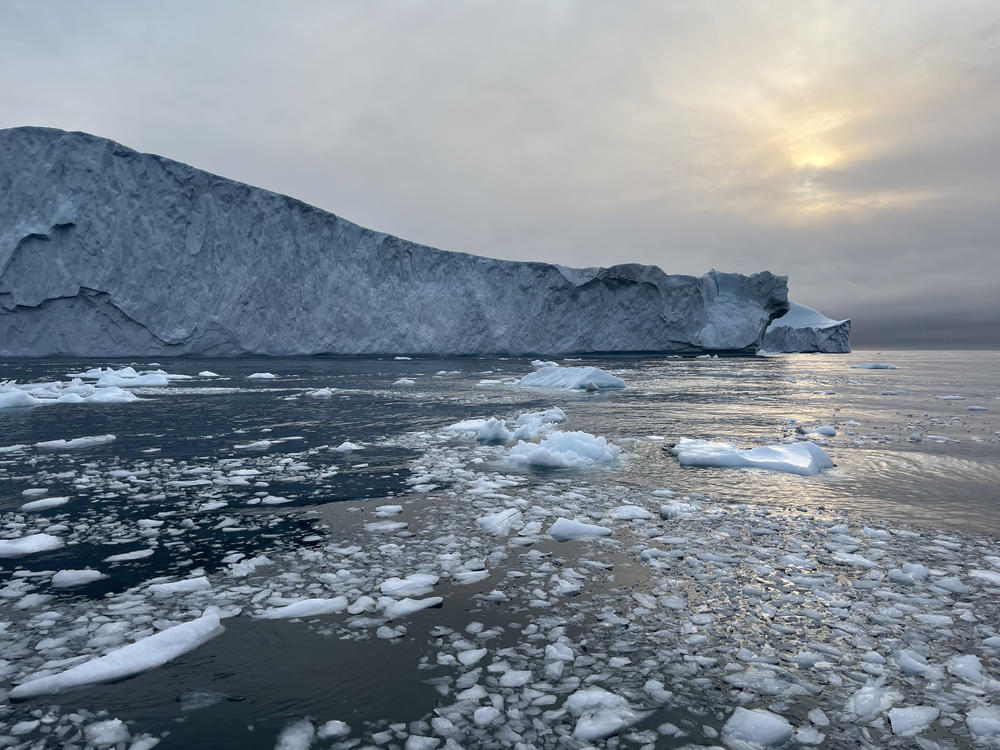 Large icebergs and smaller pieces of ice melt in the ocean waters near Ilulissat, Greenland on Sept. 7, 2023. The icebergs broke free from Sermeq Kujalleq, one of the largest and fastest moving Greenland outlet glaciers. Ice loss from Greenland has increased substantially during the 21st century and continued in 2023.