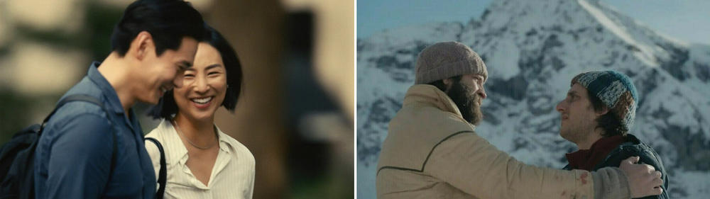 Teo Yoo and Greta Lee in <em>Past Lives</em>, left, and Alessandro Borghi and Luca Marinelli <em>The Eight Mountains.</em>