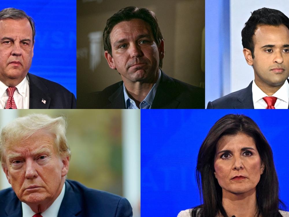 Clockwise, from top left: former N.J. Gov. Chris Christie, Florida Gov. Ron DeSantis, Vivek Ramaswamy, former U.N. Ambassador Nikki Haley and former President Donald Trump.