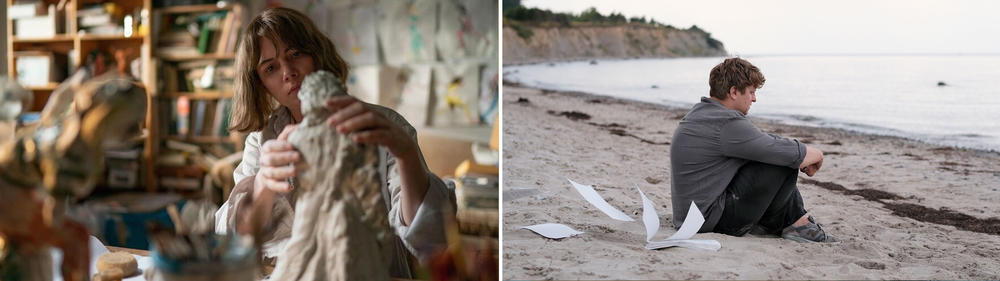 Michelle Williams in <em>Showing Up</em>, left, and Thomas Schubert in <em>Afire.</em>