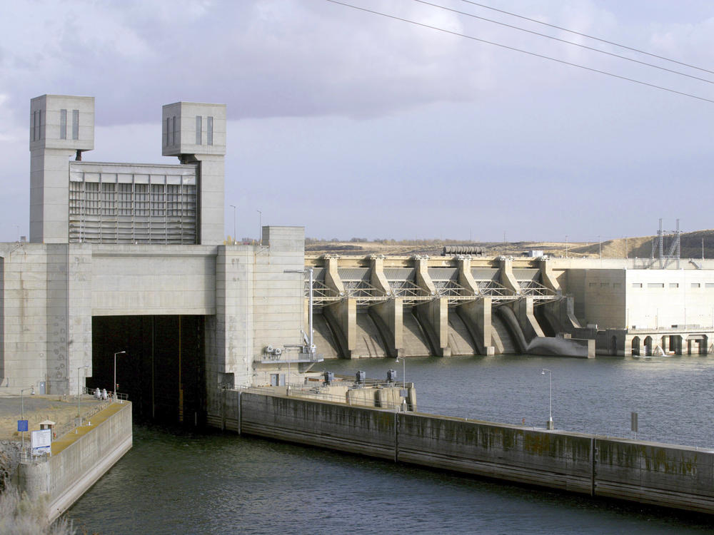 FILE - This Oct. 24, 2006 file photo shows file photo shows the Ice Harbor dam on the Snake River in Pasco, Wash.  (AP Photo/Jackie Johnston, File)