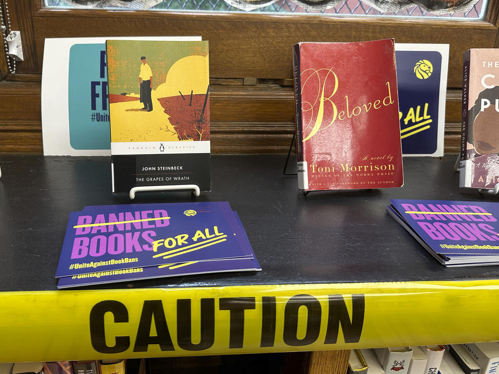 A display of some books that have been challenged around the country is seen at the Mott Haven branch of the New York Public Library in the Bronx, New York City, Oct. 7.