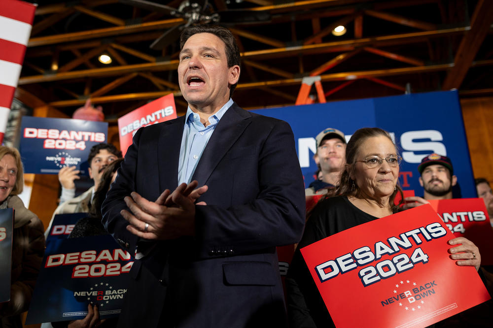 Florida Gov. Ron DeSantis speaks during a campaign event at Jethro's BBQ 'n Jambalaya in West Des Moines, Iowa on Dec. 10.