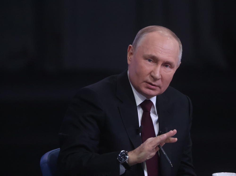 Russian President Vladimir Putin gestures during his combined call-in-show and annual press conference, on Dec. 14, in Moscow, Russia.