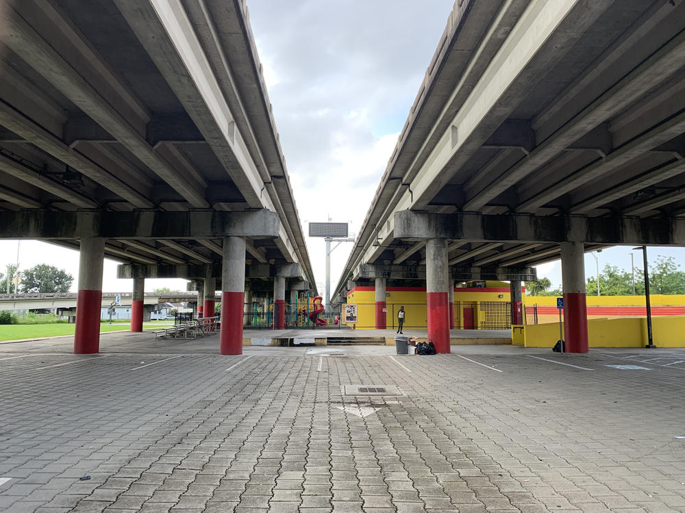 Hunter's Field Playground sits beneath the Claiborne Expressway in New Orleans on July 18, 2023. Opened nine years ago, the playground is one of the monitoring sites of a new EPA study on the health impacts of the expressway.
