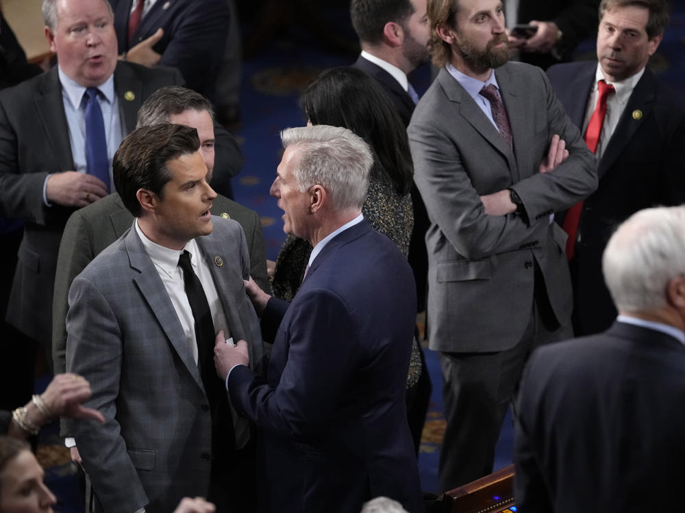 Rep. Kevin McCarthy, R-Calif., talks with Rep. Matt Gaetz, R-Fla., during a voting on a motion to adjourn after the 14th vote for speaker in the House chamber as the House meets for the fourth day to elect a speaker and convene the 118th Congress on Jan. 6.