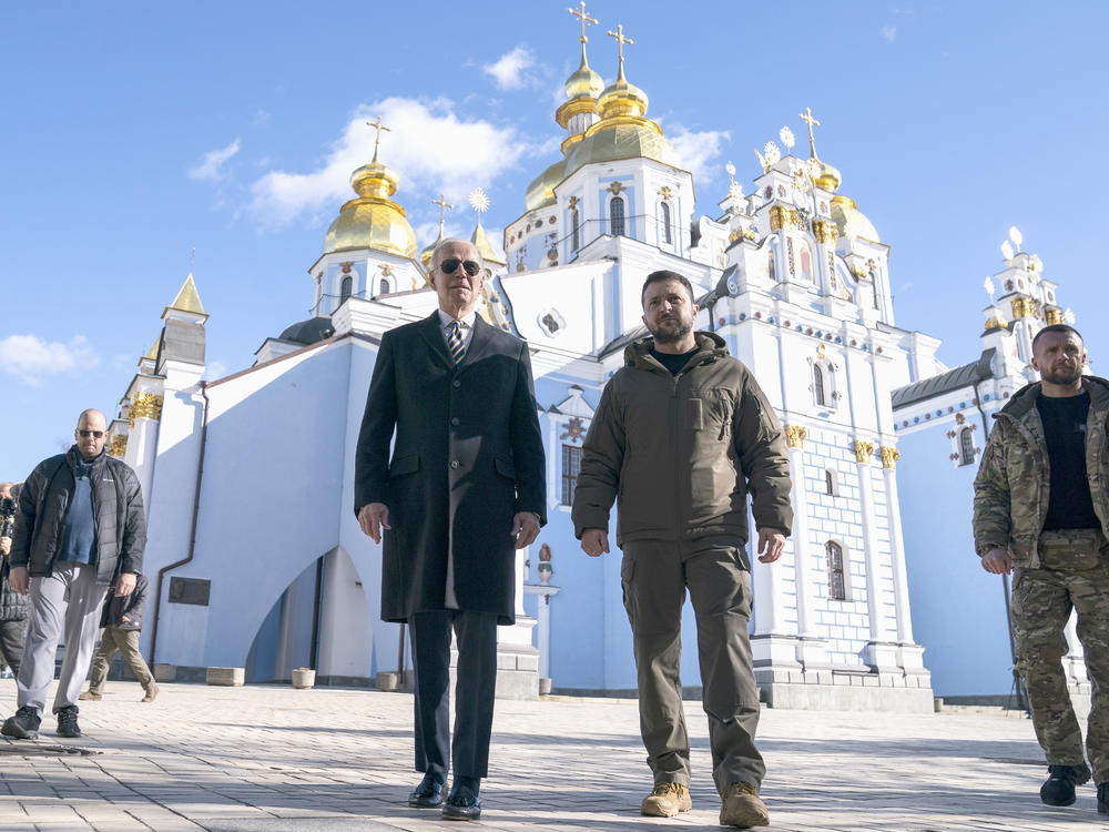President Joe Biden walks with Ukrainian President Volodymyr Zelenskyy at St. Michael's Golden-Domed Cathedral on a surprise visit on Feb. 20.