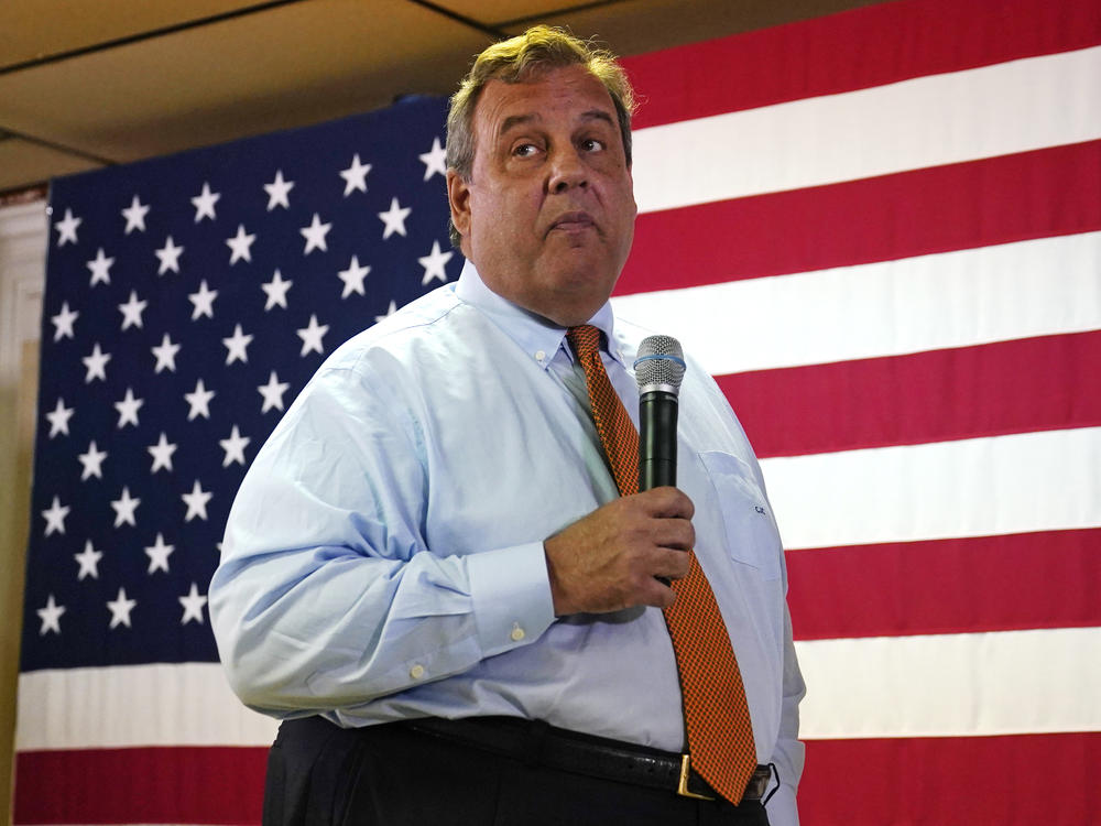 Former New Jersey Gov. Chris Christie addresses a gathering during a campaign event in Concord, N.H., on July 24, 2023.