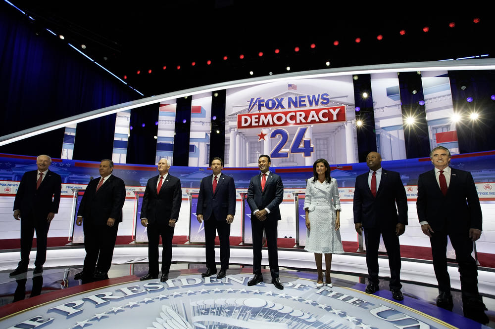GOP presidential candidates (from left): former Arkansas Gov. Asa Hutchinson, former N.J. Gov. Chris Christie, former Vice President Mike Pence, Florida Gov. Ron DeSantis, Vivek Ramaswamy, former U.N. Ambassador Nikki Haley, South Carolina Sen. Tim Scott and North Dakota Gov. Doug Burgum during the first Republican primary presidential debate in August.