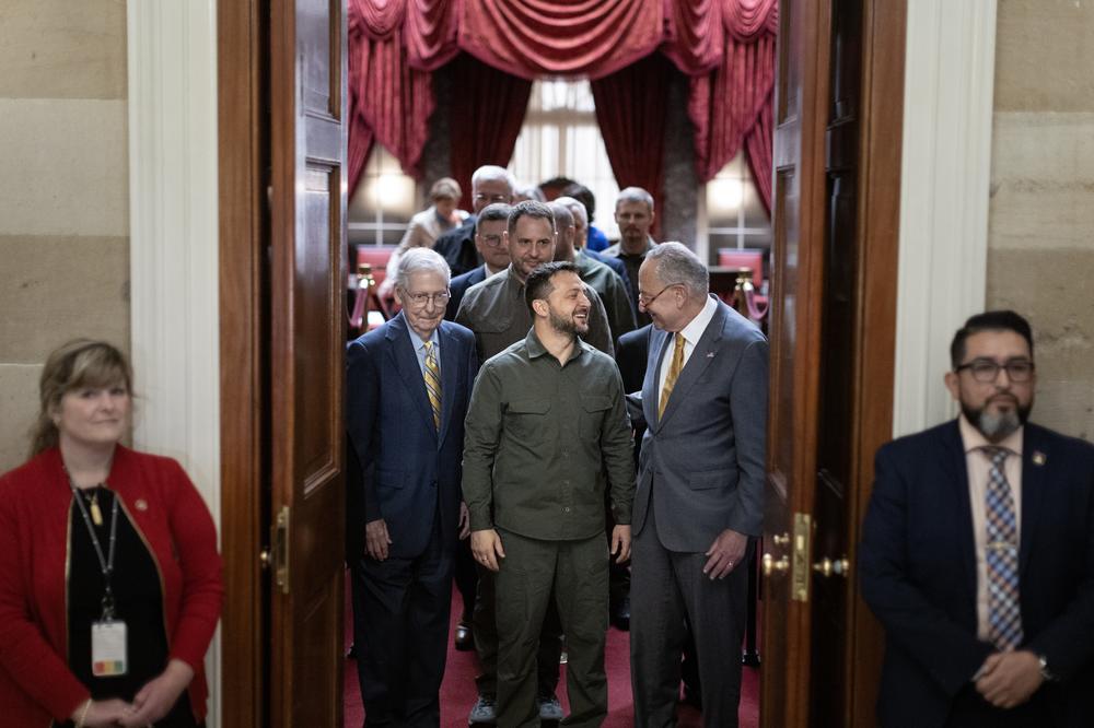 Ukrainian President Volodymyr Zelenskyy exits the Old Senate Chamber following a closed-door meeting, alongside Senate Minority Leader Mitch McConnell, R-Ky., and Senate Majority Leader Chuck Schumer, D-N.Y., at the U.S. Capitol on Sept. 21. Zelenskyy made the case for more money to help in the country's war against Russia.