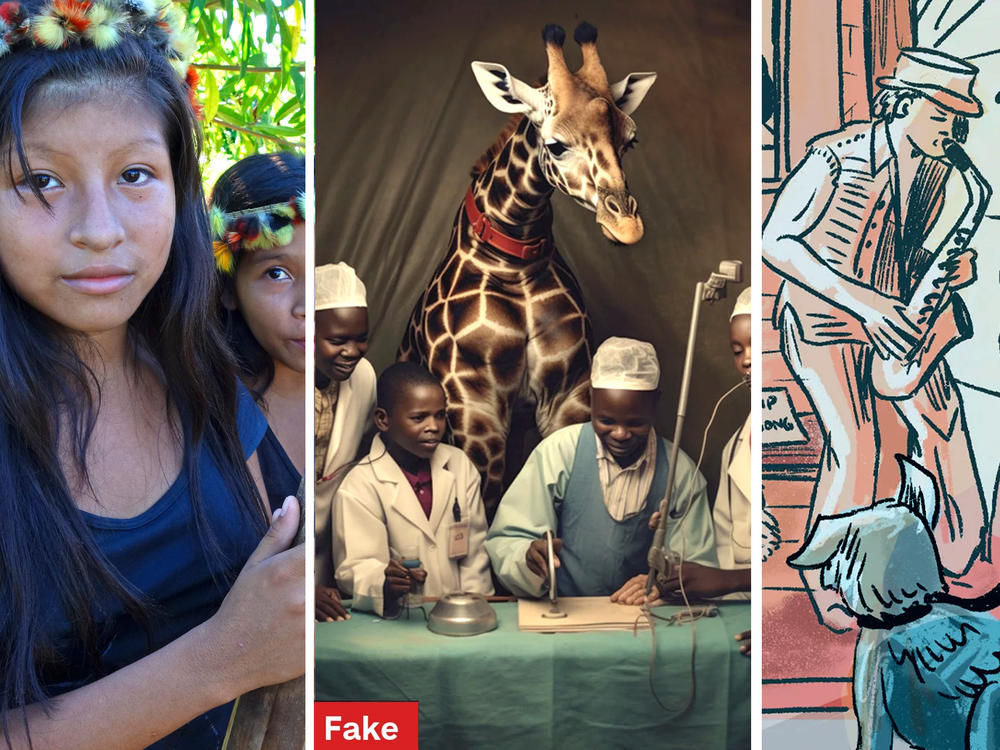 Images from some of our most popular global stories of 2023 (left to right): A woman from Brazil's Awa people holds her bow and arrow after a hunt; an artificial intelligence program made this fake photo to fulfill a request for 