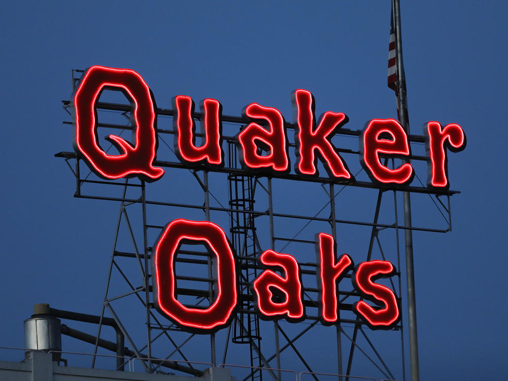 The Quaker Oats sign is seen in Cedar Rapids, Iowa in June 2021. Quaker Oats on Friday, Dec. 15, 2023, recalled several of its granola products, including granola bars and cereals, saying the foods could be contaminated with salmonella.