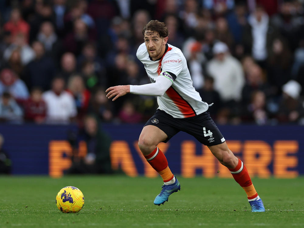 Tom Lockyer of Luton Town during the Premier League match between Aston Villa and Luton Town at Villa Park on October 29, 2023 in Birmingham, England.