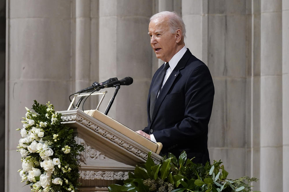 President Biden speaks during at the memorial service for Supreme Court Justice Sandra Day O'Connor.