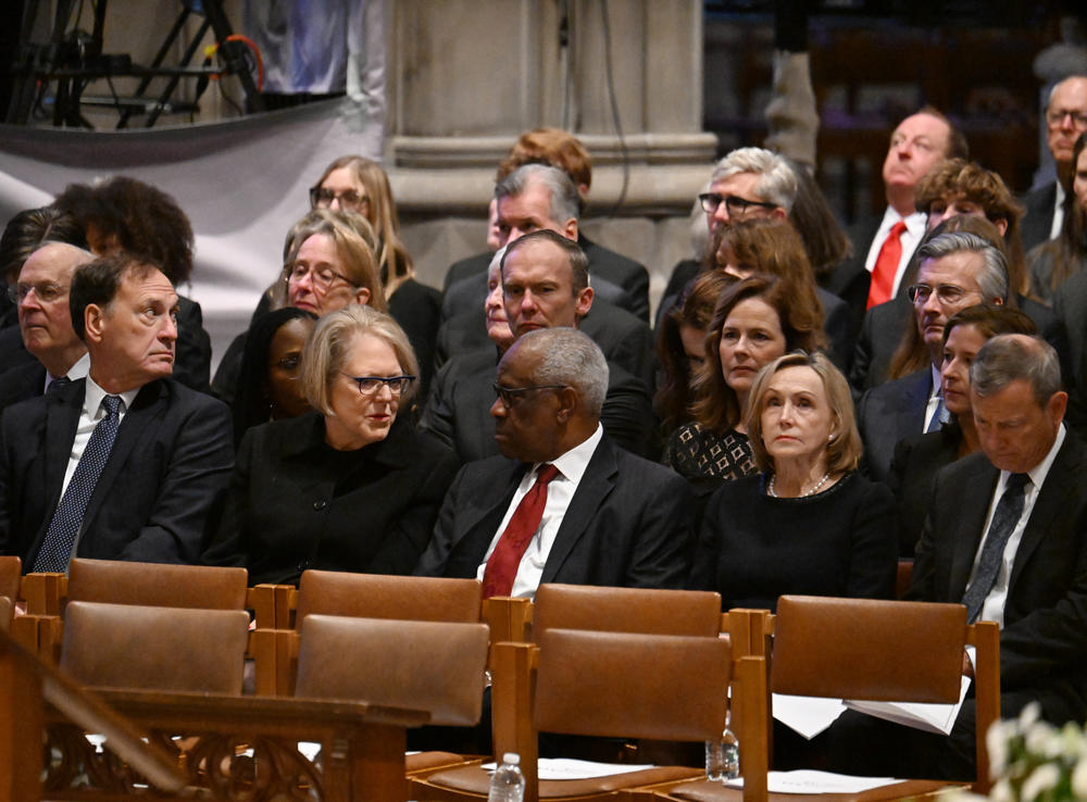 US Supreme Court Chief Justice John Roberts, from right, his wife Jane Sullivan, Supreme Court Associate Justice Clarence Thomas, his wife Virginia Thomas, and Supreme Court Associate Justice Samuel Alito during the funeral service of late U.S. Supreme Court Justice Sandra Day O'Connor at the Washington National Cathedral.