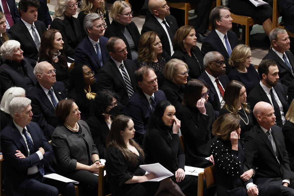 Chief Justice John Roberts, Jr.,  Justice Clarence Thomas, Virginia Thomas, Justice Samuel Alito, Jr., Justice Sonia Sotomayor, Justice Elena Kagan, Justice Neil Gorsuch, Justice Brett Kavanaugh, Justice Amy Coney Barrett, Justice Ketanji Brown Jackson, and retired Justice Anthony Kennedy attend the funeral service for former Supreme Court Justice Sandra Day O'Connor.