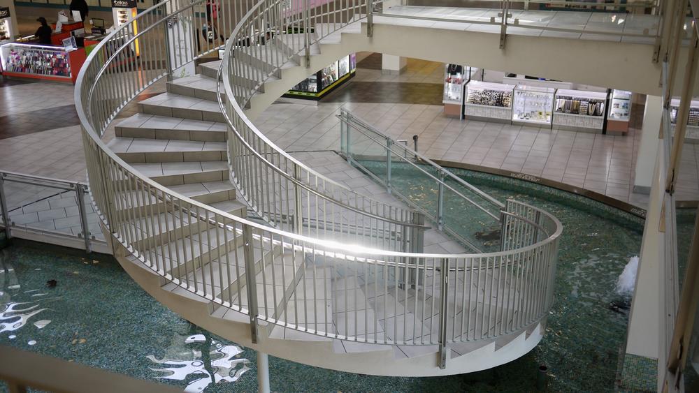 Mondawmin Mall holds retro elements like this spiral staircase along with escalators. Years ago, this area near the Santa set held a small duck pond.