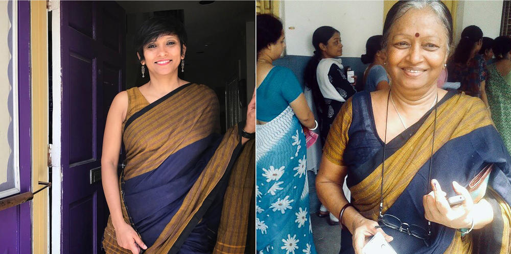 Rhitu Chatterjee of NPR (left), cherishes the memories wrapped up in this sari, which belonged to her mother, Manju Chatterjee. Rhitu began wearing the sari after her mother's death. She says it takes her at least 15 minutes to drape the garment but her mom could drape it in 5 minutes.