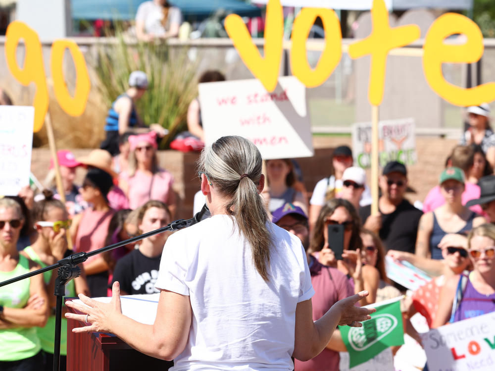 Now-Democratic Arizona Gov. Katie Hobbs speaks at a Women's March rally in support of midterm candidates who support abortion rights outside the state capitol in Phoenix on Oct. 8, 2022.
