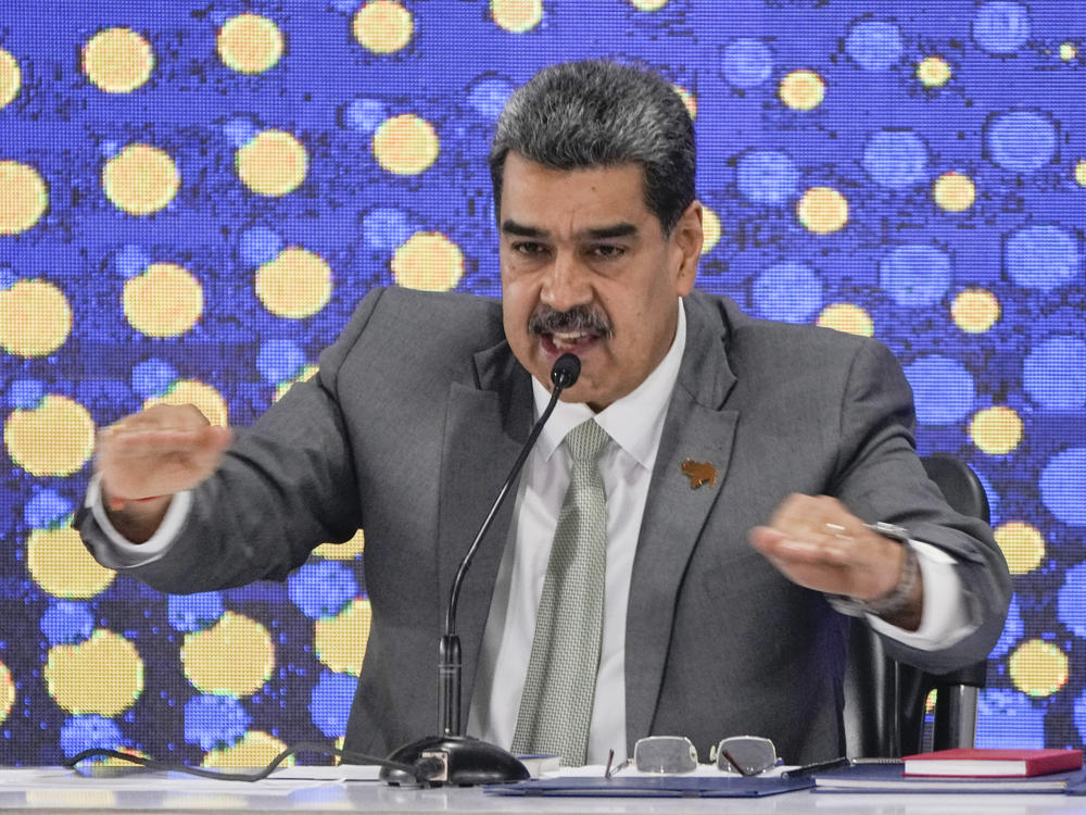 Venezuela's leader Nicolas Maduro speaks in Caracas, Venezuela, on Dec. 4, 2023.