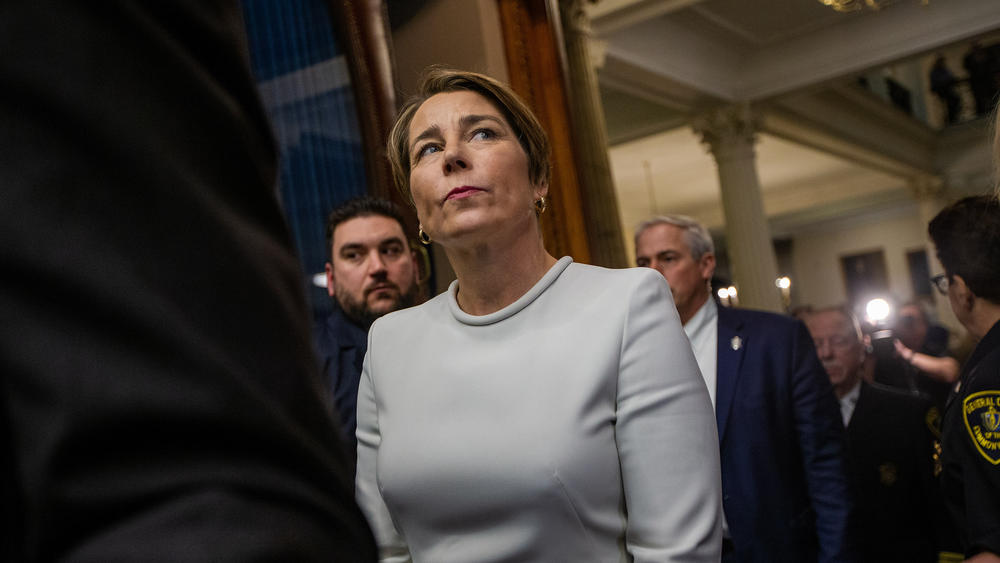 Maura Healey waits to be escorted into the Massachusetts House of Representatives' chamber on Jan. 5, 2023, to be sworn in as the state's next governor. Full story <a href=