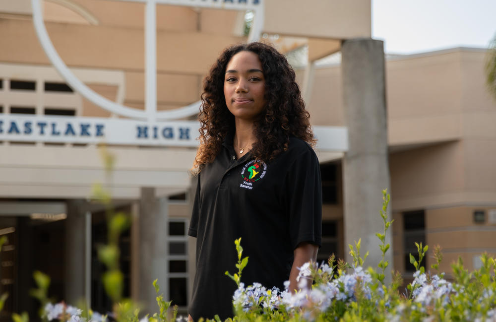 Maya Murchison poses for a photo at Eastlake High School in Chula Vista, Calif., on Oct. 23, 2023. Murchison, a high school senior, said the Supreme Court's affirmative action ruling affected her college application process. Full story <a href=