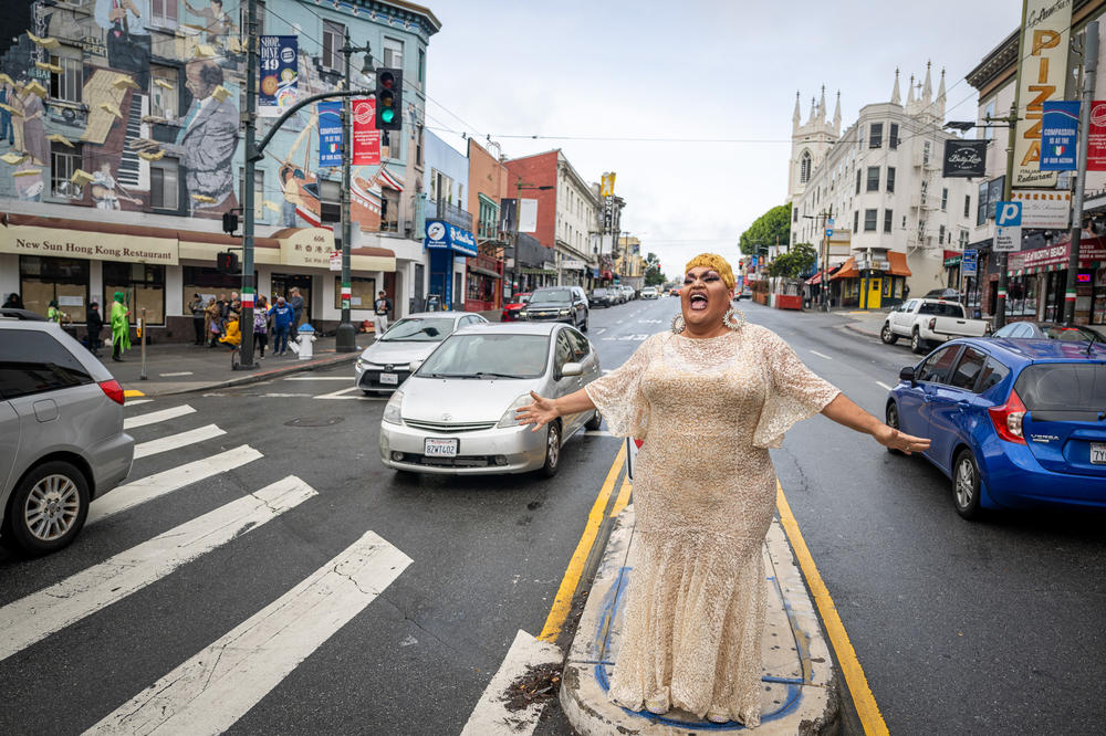 Dulce De Leche performs on Columbus Avenue during the event San Francisco is a Drag, a series of outdoor performances on Dec. 2, 2023. Full story <a href=