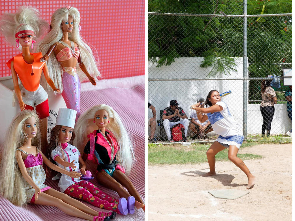 Left to right: Barbies in India; Maya softball players in Mexico; walking on a frozen fountain in the mountains of Pakistan, where efforts are underway to revive the ancient art of glacier mating.