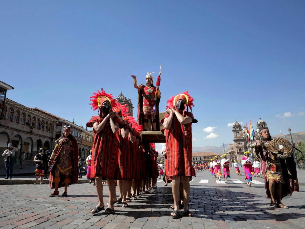 An actor performs as the Inca Emperor in a recreation of an ancient ritual during the Inti Raymi Festival in Cuzco, Peru,
