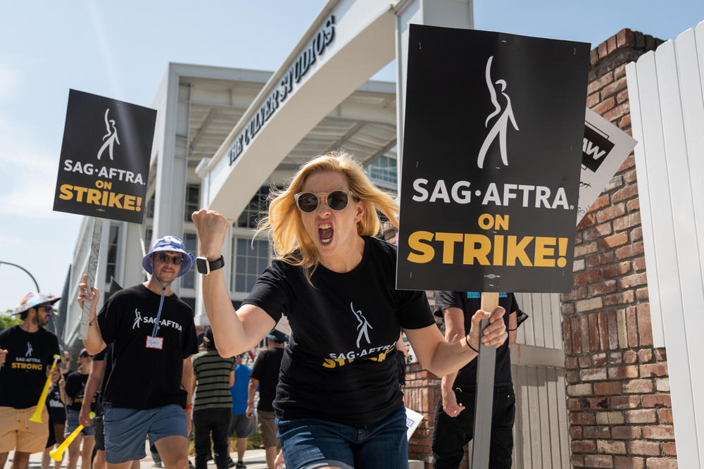 Members of the Screen Actors Guild and Writers Guild of America picket the Amazon Studios in Culver City, Calif., on June 17, 2023. Full story <a href=