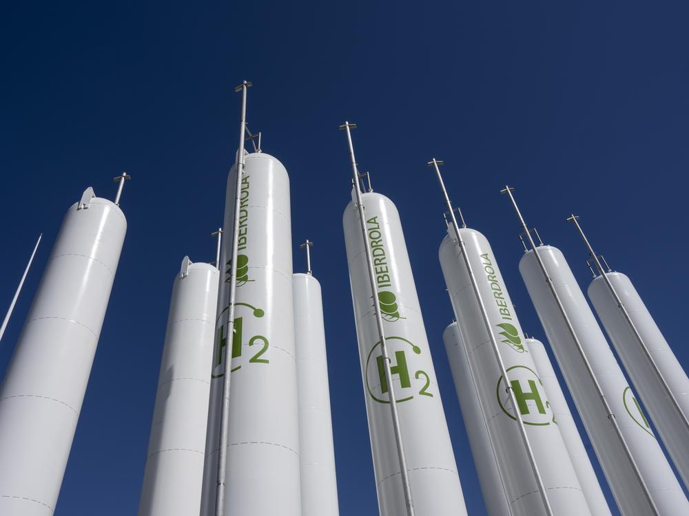 Hydrogen storage tanks are visible at the Iberdrola green hydrogen plant in Puertollano, central Spain, on March 28. The Biden administration on Friday released its highly anticipated proposal for how the U.S. plans to dole out tax credits to hydrogen producers.
