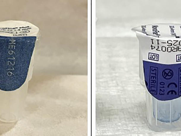 This photo combo provided by the U.S. Food and Drug Administration shows an authentic Ozempic needle (left) and a counterfeit needle (right). The FDA said it has seized 