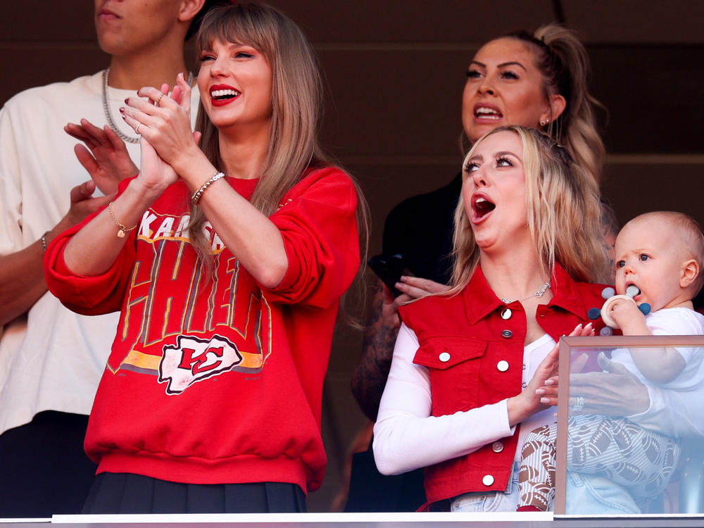 Taylor Swift and Brittany Mahomes react during a game between the Los Angeles Chargers and Kansas City Chiefs at GEHA Field at Arrowhead Stadium in October in Kansas City, Mo.