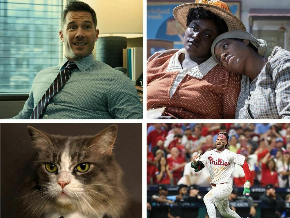 Clockwise from left:<em> Cocaine Bear, </em>Luke Macfarlane in <em><em>Platonic,</em></em> Danielle Brooks and Fantasia Barrino in<em> The Color Purple, </em>Bryce Harper of the Philadelphia Phillies<em>, </em>the cover of the book <em>Starter Villain,</em> Jessica Williams in<em> Shrinking.</em>