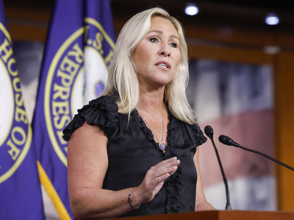 U.S. Rep. Marjorie Taylor Greene (R-GA) speaks at a press conference at the U.S. Capitol Building on May 18, 2023 in Washington, DC. During the news conference Greene announced that she would be filing articles of impeachment against U.S. President Joe Biden.