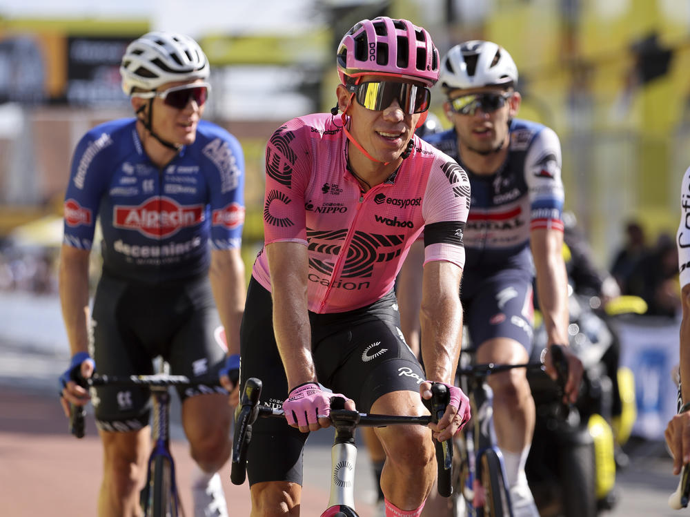 Rigoberto Urán crosses the finish line of stage 12 of the 110th Tour de France, July 13, 2023, in Belleville-en-Beaujolais, France.