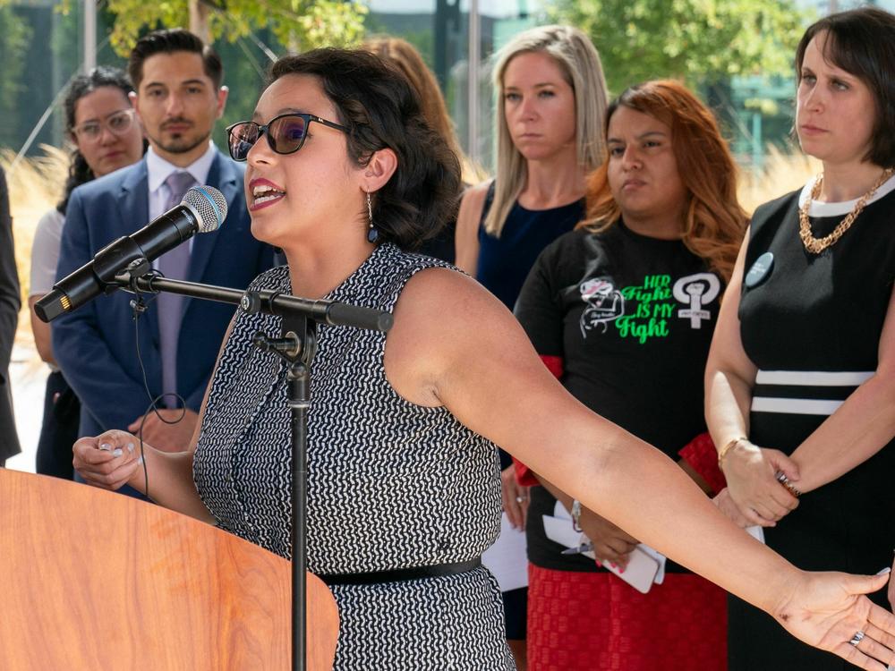 Elizabeth Weller speaks at a press conference in Austin, Texas on July 19. She's one of 20 women suing the state after being denied abortions despite serious pregnancy complications.