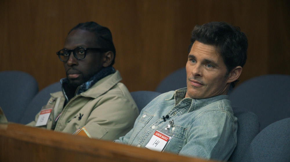 Ishmel Sahid, left, and James Marsden play alternate jurors in the series <em>Jury Duty. </em><strong><a href=