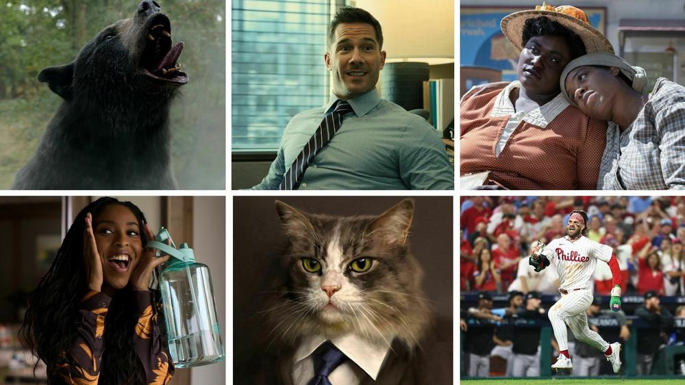 Clockwise from left:<em> Cocaine Bear, </em>Luke Macfarlane in <em><em>Platonic,</em></em> Danielle Brooks and Fantasia Barrino in<em> The Color Purple, </em>Bryce Harper of the Philadelphia Phillies<em>, </em>the cover of the book <em>Starter Villain,</em> Jessica Williams in<em> Shrinking.</em>